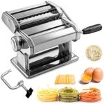 Sailnovo Machine à Pâtes Manuelles en Acier Inoxydable pour Faire Tagliatelle Spaghettis Lasagnes Ravioles (Argent)